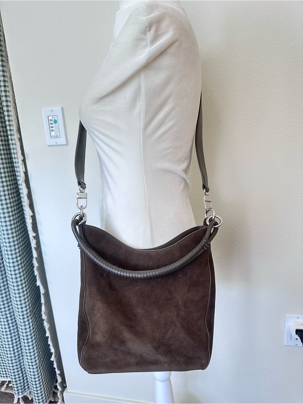 STAUD Mel Suede Shoulder Convertible Crossbody Bag with Leather Strap Truffle
